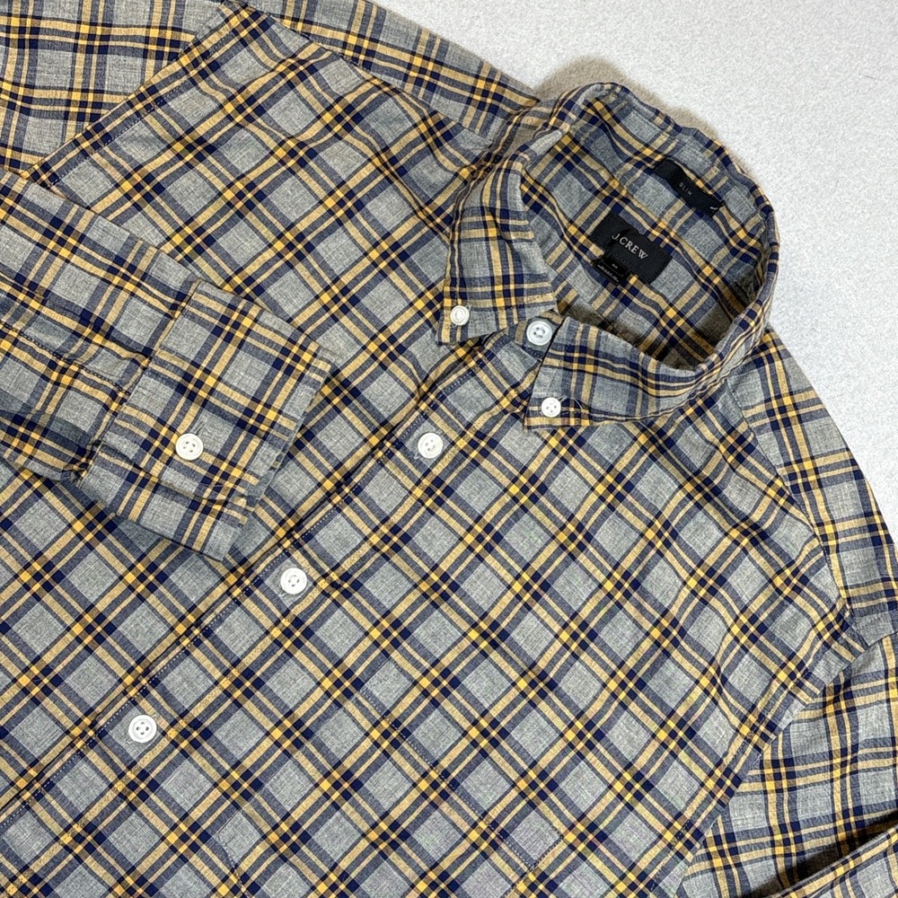 J.Crew Slim Fit‎ Button Down Shirt Plaid Blue Yellow Gray Men Medium Preppy